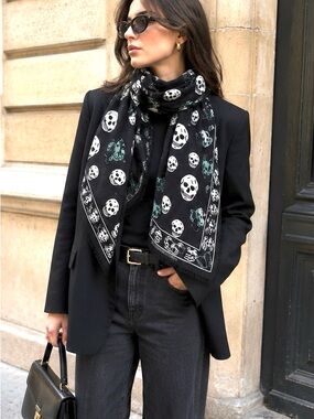 Alexander McQueen Black Skull Silk Scarf with Teal Accents